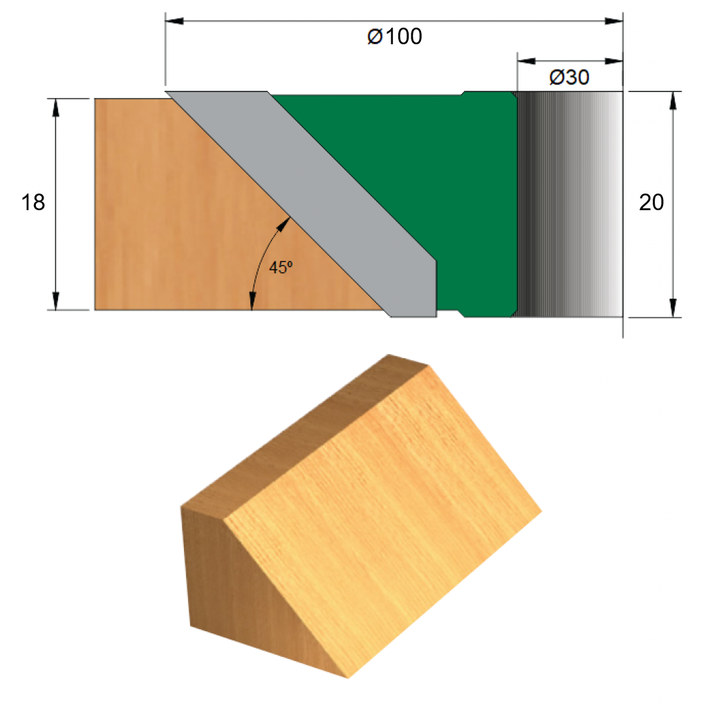 Fresa para Meia-Esquadria 45° Ø100 x 20 x 30 (Direita) - 3 Dentes - Cód. 1530.03